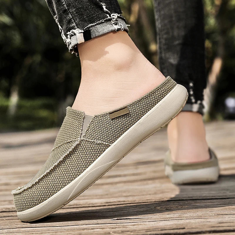 Casual Slip on Mens Shoes Outdoor Walking Comfortable Canvas Slippers Korean Trend Baotou Half Drag Slides Zapatillas Hombre - Sun Studio