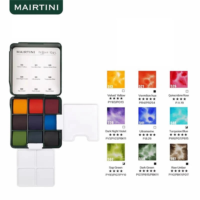MAIRTINI Travel Watercolor Paint Set 9 Colors 100% Cotton Paper Mini Solid Water Color Paint With Palette Painting Supplies - Sun Studio