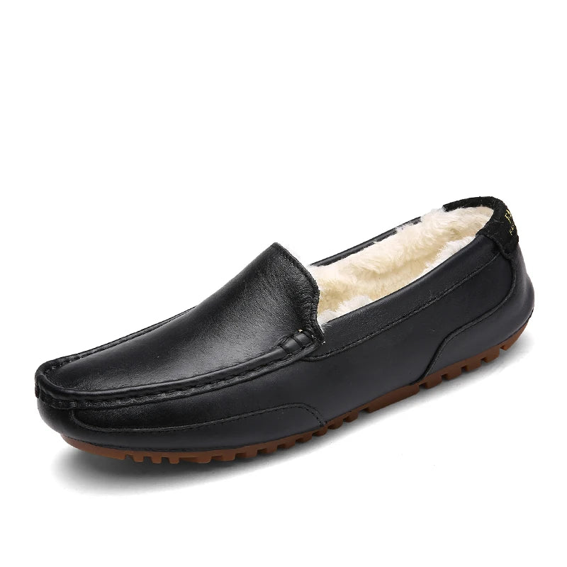 Winter Fur Loafers Men Casual Shoes Cotton Leather Dress Shoes Slip-on Flats Plush Man Moccasins Fleece Lined Driving Shoes