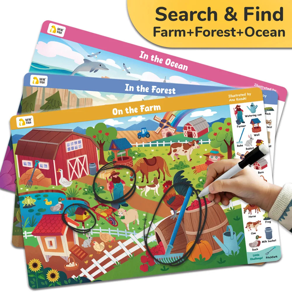 Search and Find Game Looking for Different 3 Themes Interactive Activity Painting Kit Drawing Books with Reusable Pen - Sun Studio
