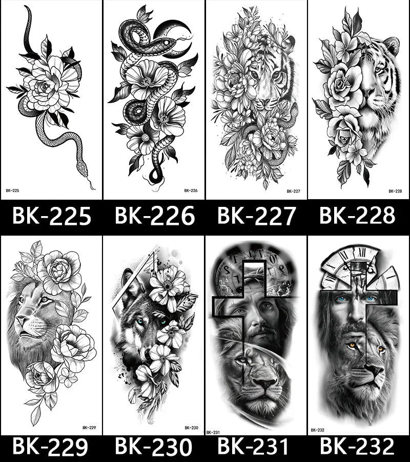 Black White Temporary Transfer Tattoos Floral Butterfly Lettering Line Art Waterproof Body Stickers for Music Festival Party - Sun Studio