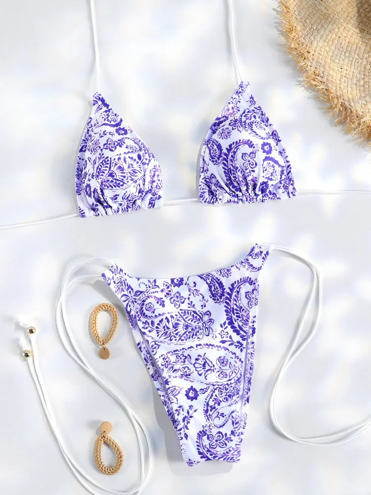 Sexy Triangle Mini Bikini Sets Micro Thongs Swimsuit Women Bathing Suit Biquini Bandage Beachwear Print Swimwear Thong Bikini - Sun Studio