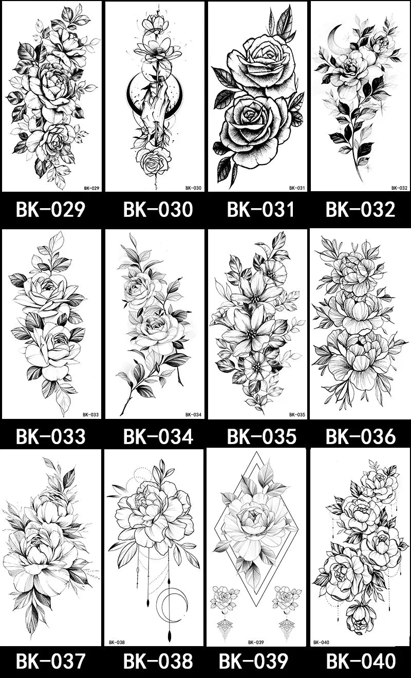 Black White Temporary Transfer Tattoos Floral Butterfly Lettering Line Art Waterproof Body Stickers for Music Festival Party - Sun Studio