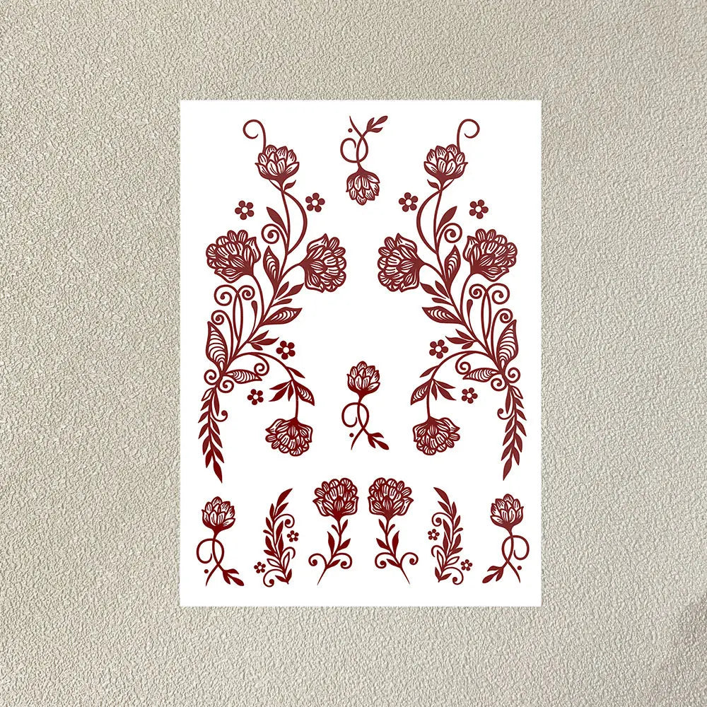 Waterproof Flower Hand Tattoo for Women Maroon Henna Tattoo Stickers for Hand Fingers Body Art Disposable Fake Tattoo Festival