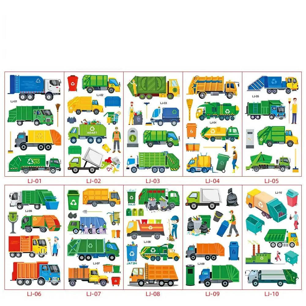 10pcs Cartoon Fire Truck Garbage Truck Temporary Tattoos Sticker Police Tattoos For Girls Boys Birthday Party Supplies Stickers - Sun Studio