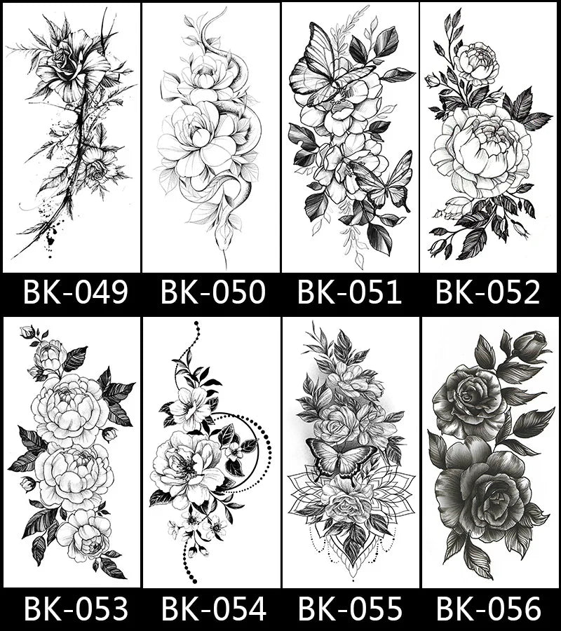 Black White Temporary Transfer Tattoos Floral Butterfly Lettering Line Art Waterproof Body Stickers for Music Festival Party - Sun Studio