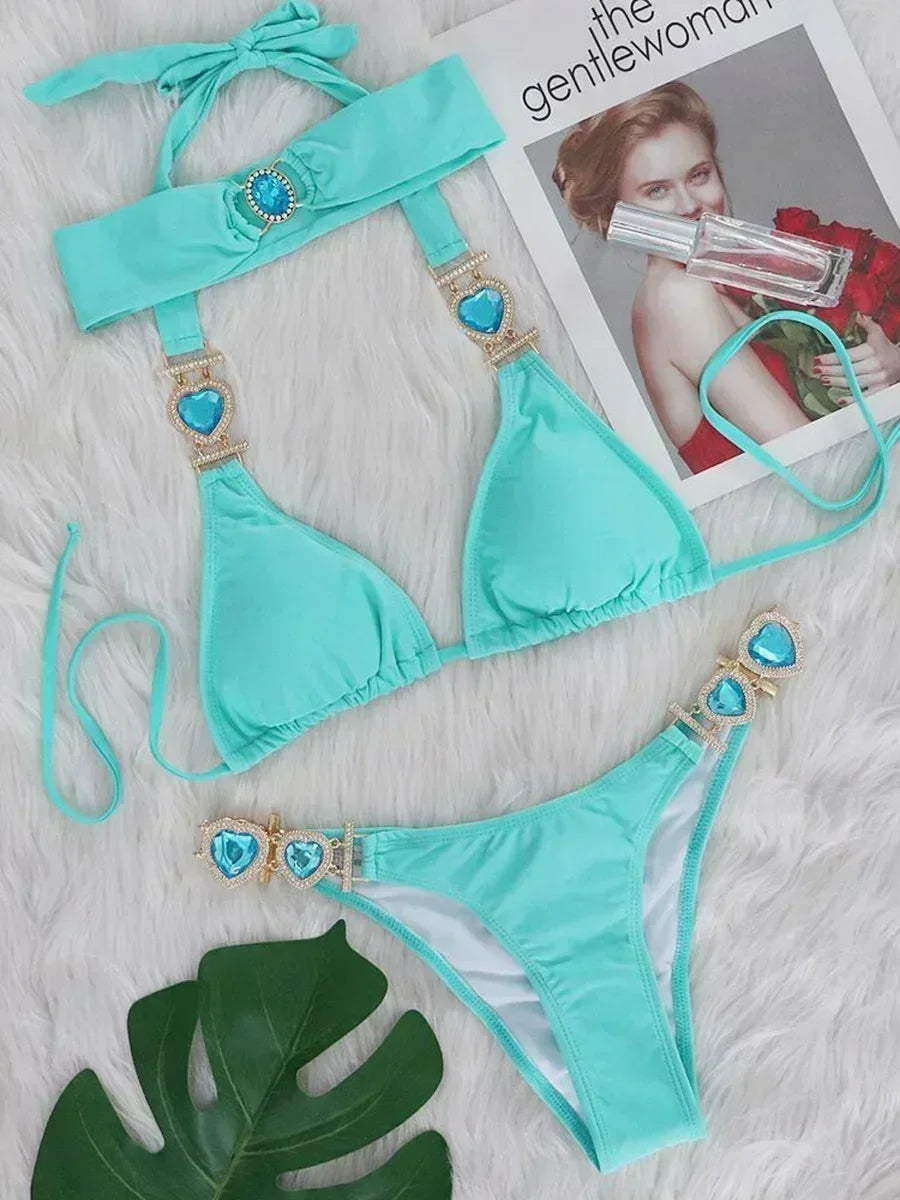 Halter Rhinestone Diamond Bikini Women Swimsuit Female Bikinis Metal Chain Swimwear Two Pieces Bikini Set Bathing Suit Swim Lady