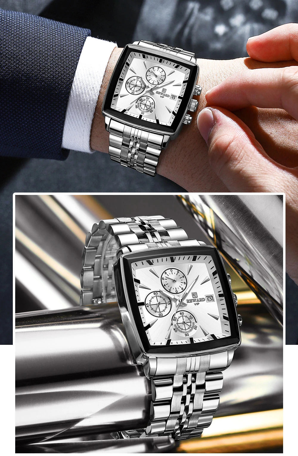 REWARD Fashion Square Dial Watch for Men Stainless Steel Waterproof Quartz Chronograph Mens Watches Luxury Sport Male Clock - Sun Studio
