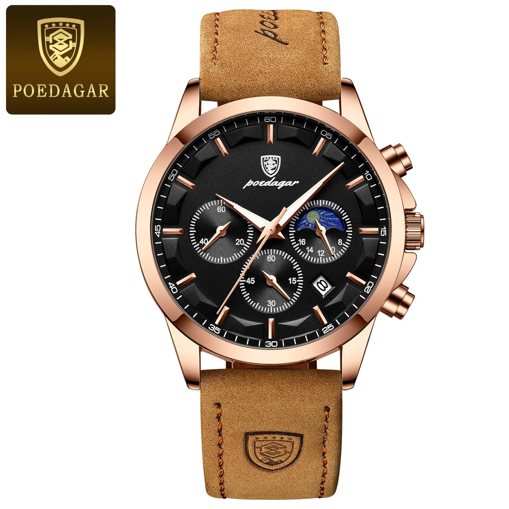 POEDAGAR Original Military Men Clock Waterproof Luminous Leather Quartz Man Watch Chronograph Date Luxury Business Men's Watches - Sun Studio