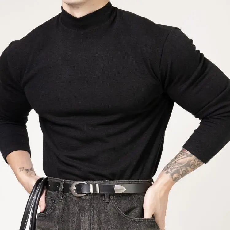 Fitness T-shirt Men's Clothes Spring Autumn Training Suit Threaded Turtleneck Slim Fit Sports Quick Dry Breathable Long Sleeves - Sun Studio