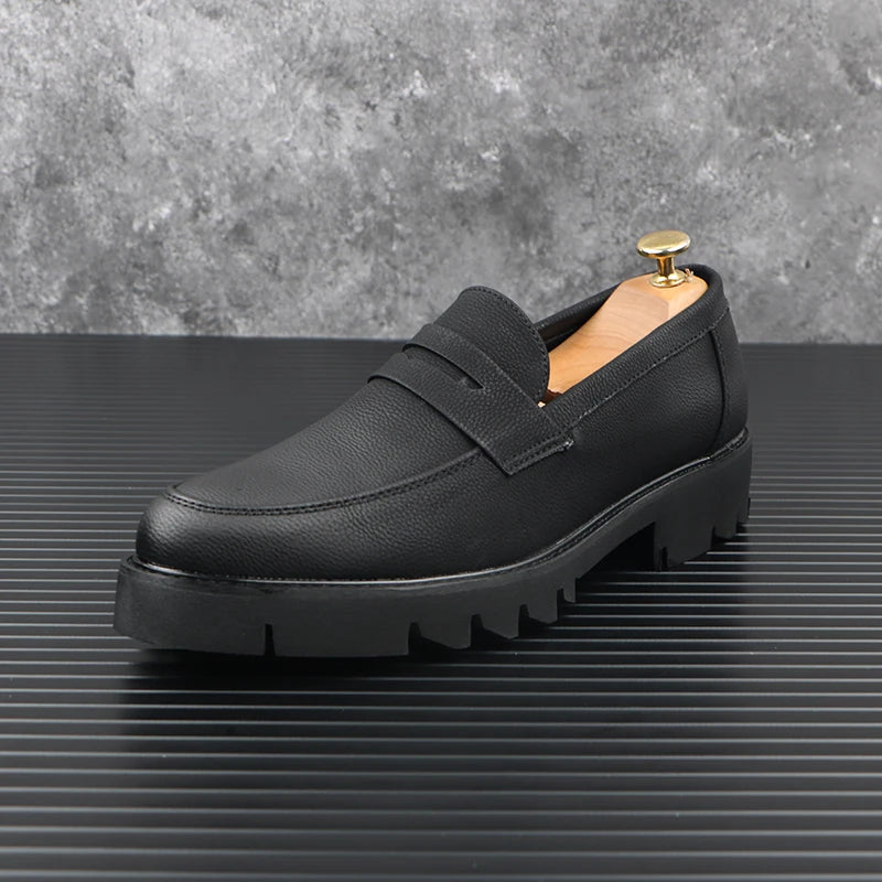 men casual genuine leather shoes slip-on driving shoe business wedding formal dress black trendy platform loafers mans footwear - Sun Studio