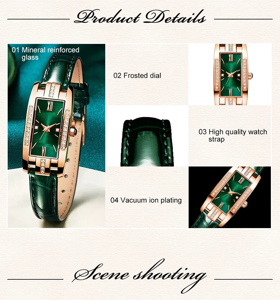 Womens Watches Fashion Square Ladies Quartz Watch Bracelet Set Green Dial Simple Leather Luxury Women Watches - Sun Studio