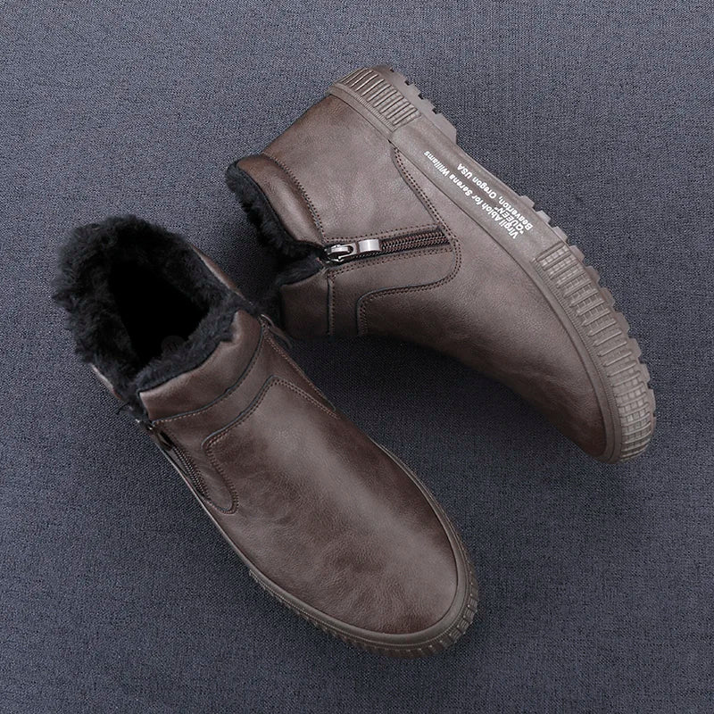 Man Winter Warm Leather Boots Warm Plush Inside High Tops Casual Shoes Slip on Keep Warm Thick Fur Men's Platform Ankle Boots - Sun Studio