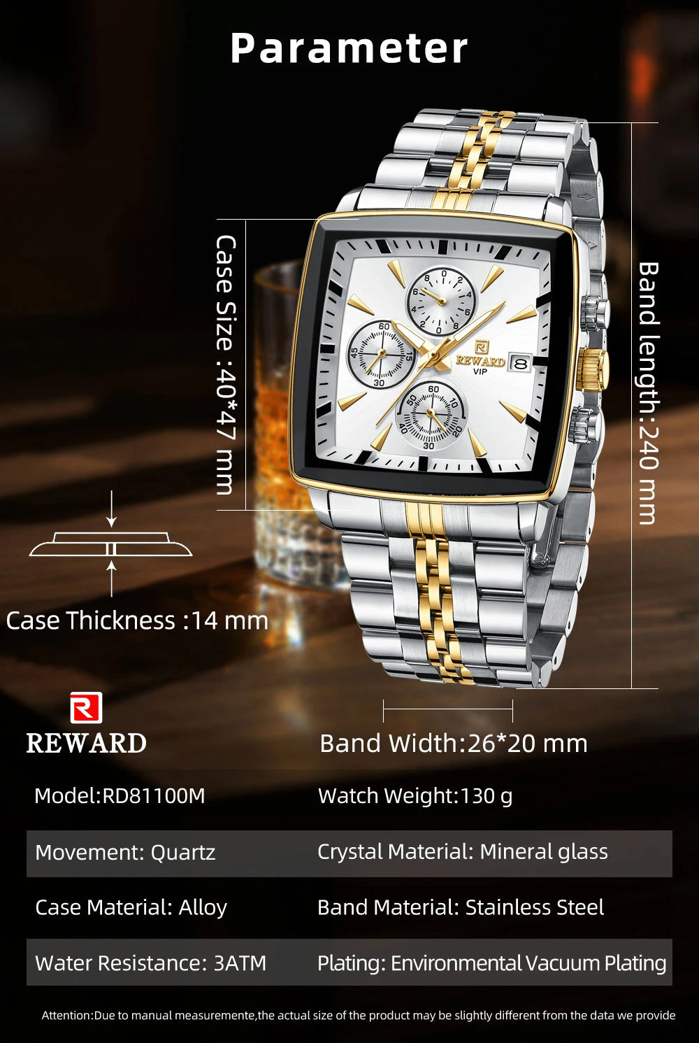 REWARD Fashion Square Dial Watch for Men Stainless Steel Waterproof Quartz Chronograph Mens Watches Luxury Sport Male Clock - Sun Studio