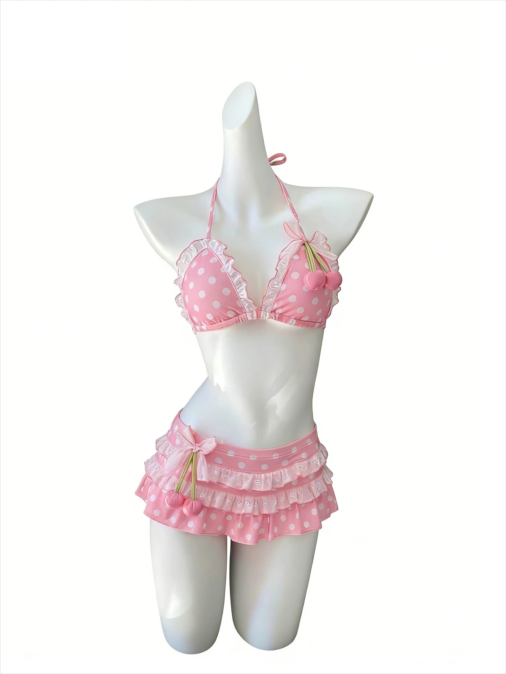 2026 Y2K Summer Sweet  White Dot Sets Lovely Cherry Decor Sexy Lace Trim Style Casual Bikini Swimsuit Beach Holiday Wear - Sun Studio