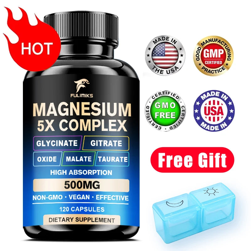 Magnesium Pills Supplement - 5 in 1 Complex, Glycinate, Citrate, Malate, Taurate, Oxide - Stress, Muscle & Heart Support - Sun Studio
