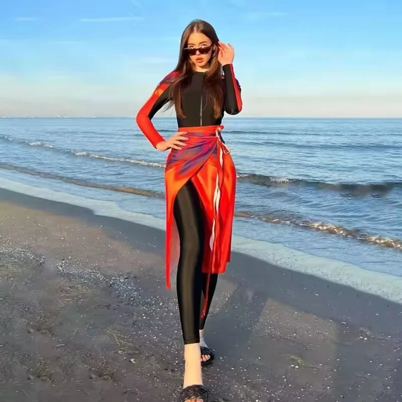 4PCS/Set Modest Burkini Femmes Swimming Suit Muslim Swimwear Women Long Sleeve Sport Swimsuit Islamic Wear Contain Hijab - Sun Studio