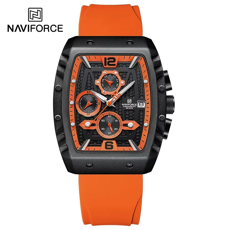 NAVIFORCE Creative Barrel-Shaped Dial Men Watches Fumed Silica Strap Waterproof Quartz Chronograph Date Display Male Wrist Watch