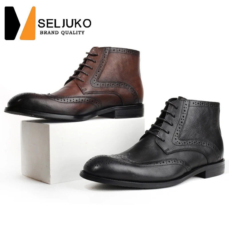 British Brock Carved Leather Boots Retro Business Formal Leather Shoes Fashion Men's Boots Cowhide Men's Short Boots - Sun Studio