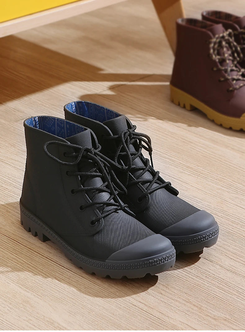 Winter Warm Rain Boots Men Fashion Lace-Up Motorcycle Outdoors Rain Boots Camping Fishing Shorts Shoes Waterproof Rain Women - Sun Studio